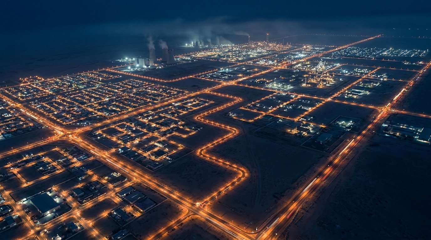Vista aérea nocturna de la retícula industrial de una ciudad fronteriza del norte de México
