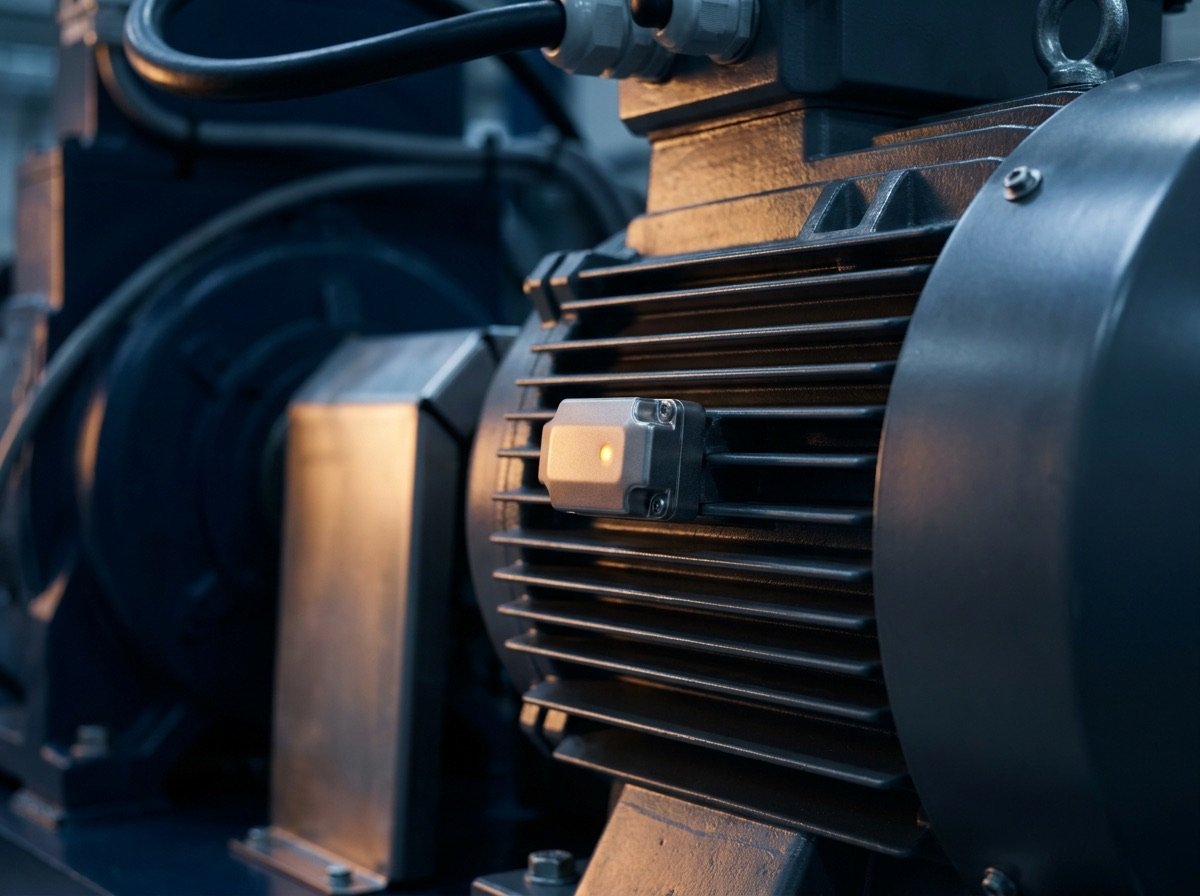Sensor inalámbrico de vibración montado en un motor industrial