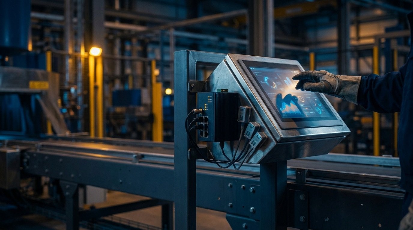 Equipo industrial instalado en piso de producción: sensores, cableado y terminal de estación