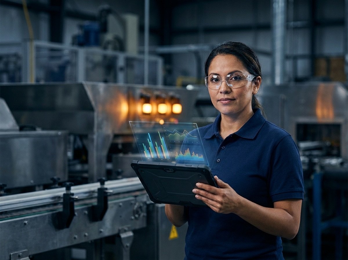 Ingeniera de planta consultando un tablero de producción en una tablet