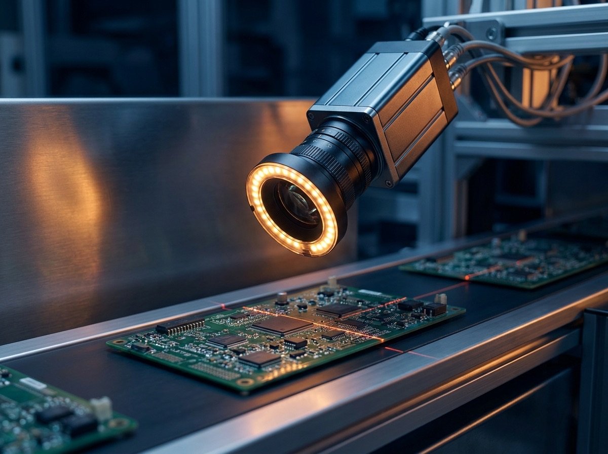 Cámara de visión artificial inspeccionando una tarjeta electrónica en línea